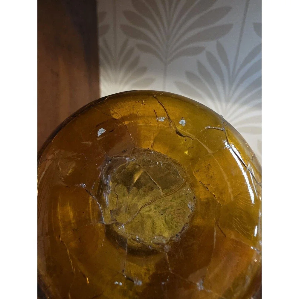 Vintage Pilgrim Amber Crackle Glass Pitcher Vase Hand Blown Clear Handle MCM